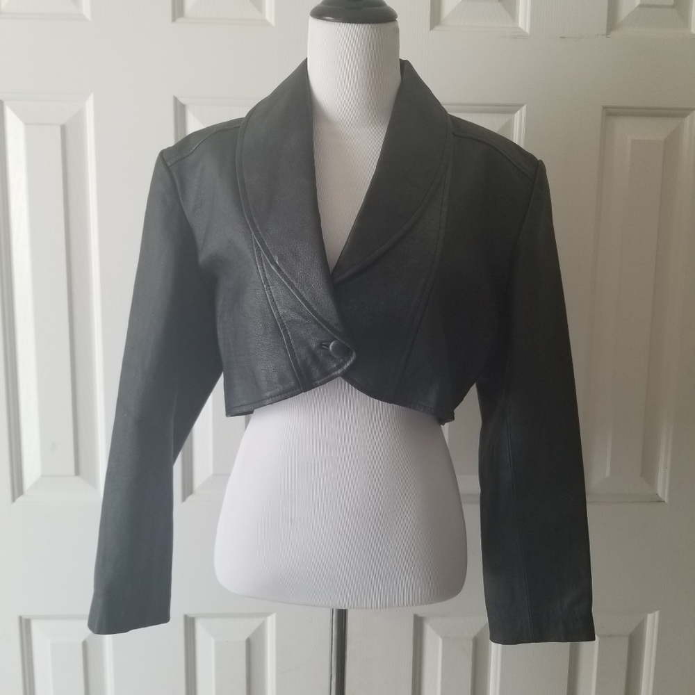 100% Black Leather Cropped Jacket